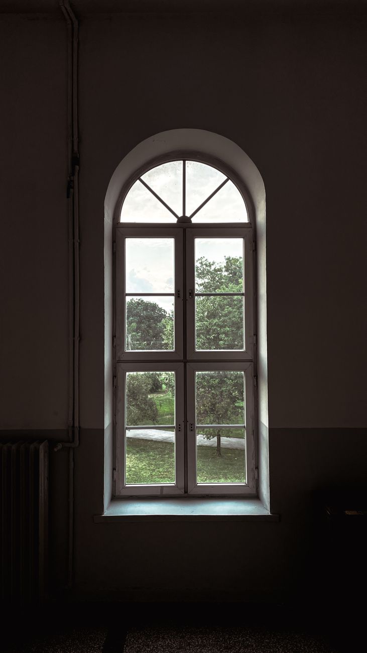 room in darkness and trees behind windows
