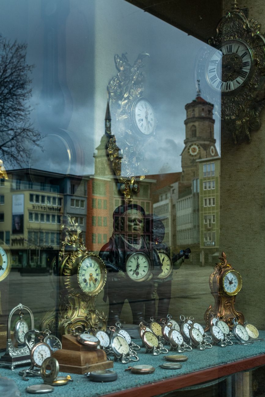 display of vintage clocks