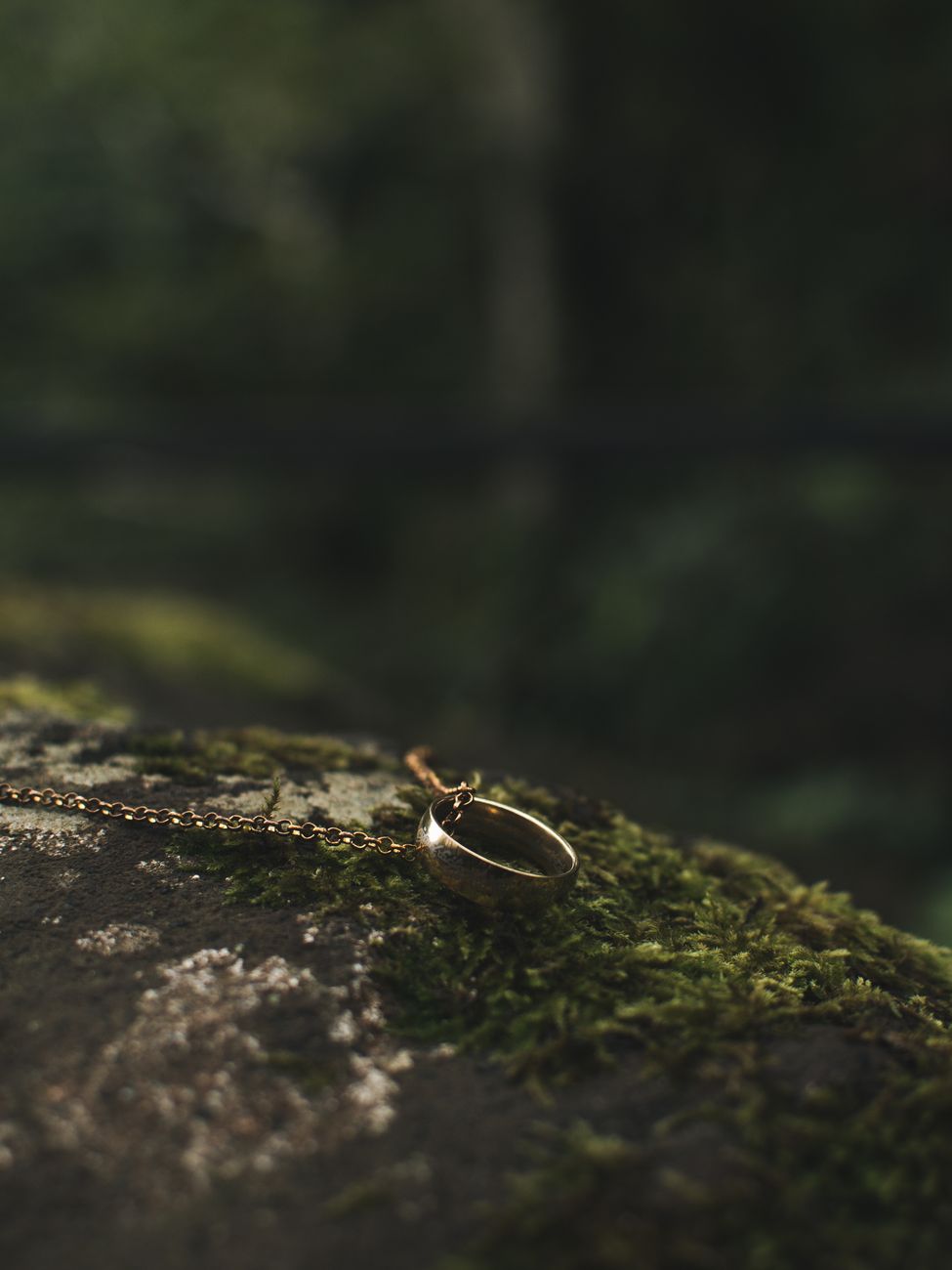 ring pendant on rock with moss